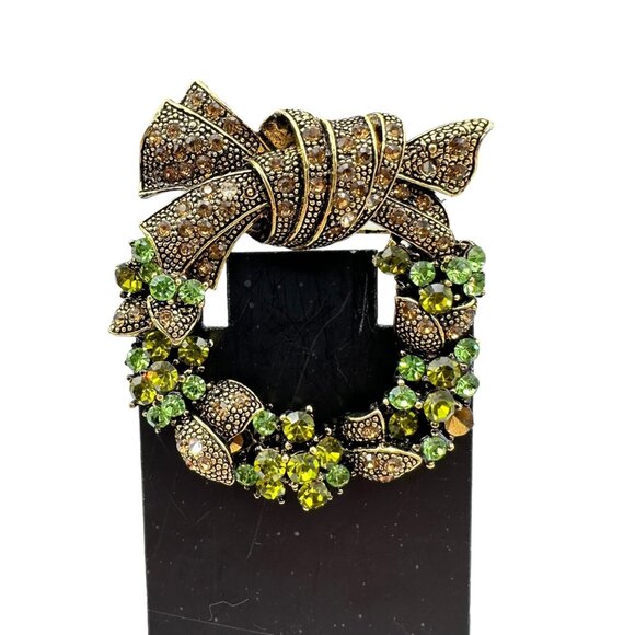 Wreath Brooch Pin With Green Rhinestones Bronze Bow Holiday Jewelry Lapel - Picture 2 of 16